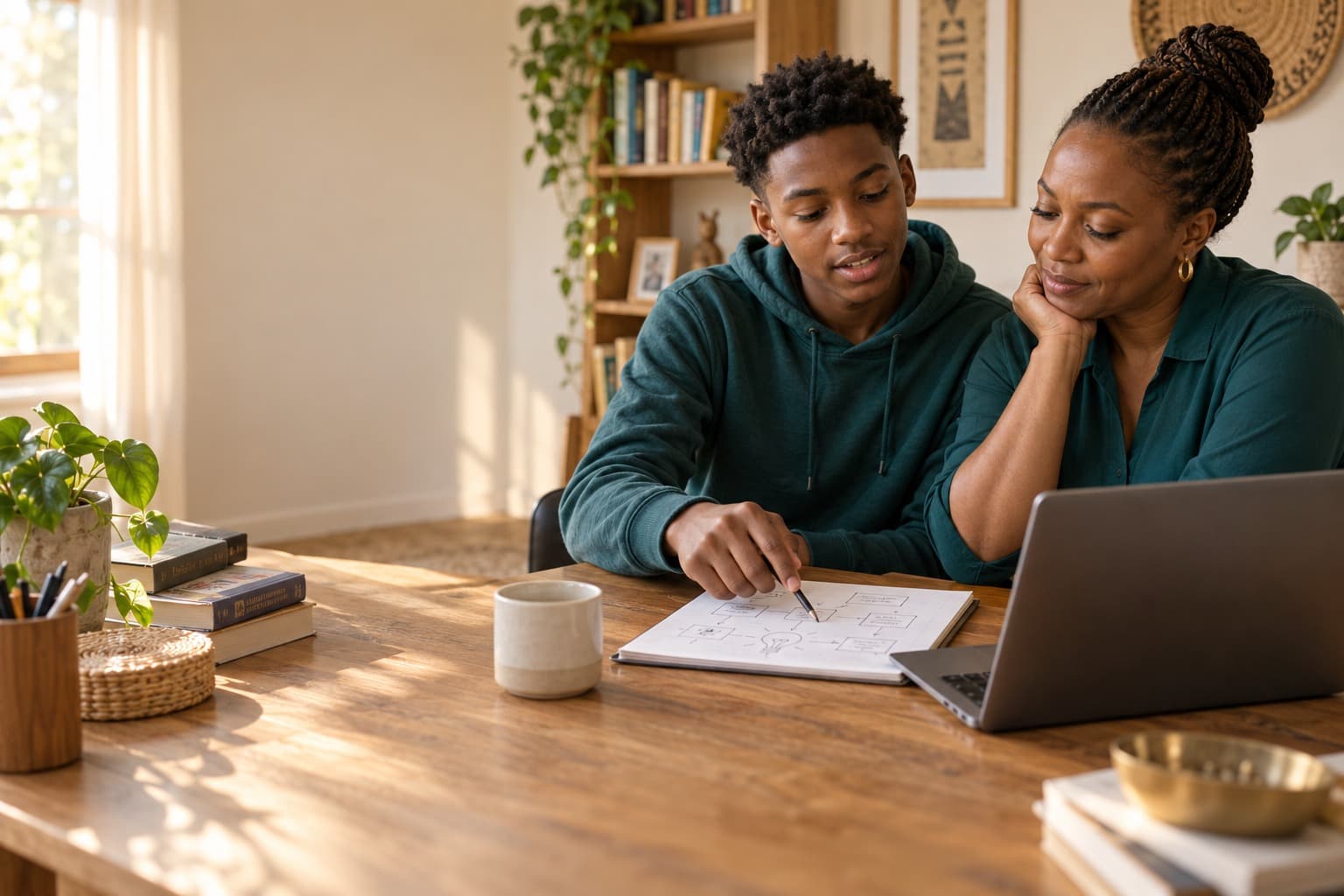 Parent and teenager planning a project with a laptop and notebook
