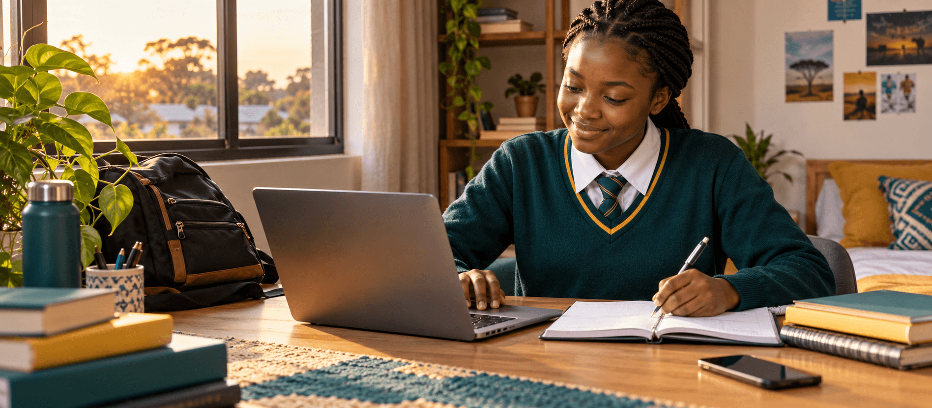 Learner in school uniform studying on a laptop at home