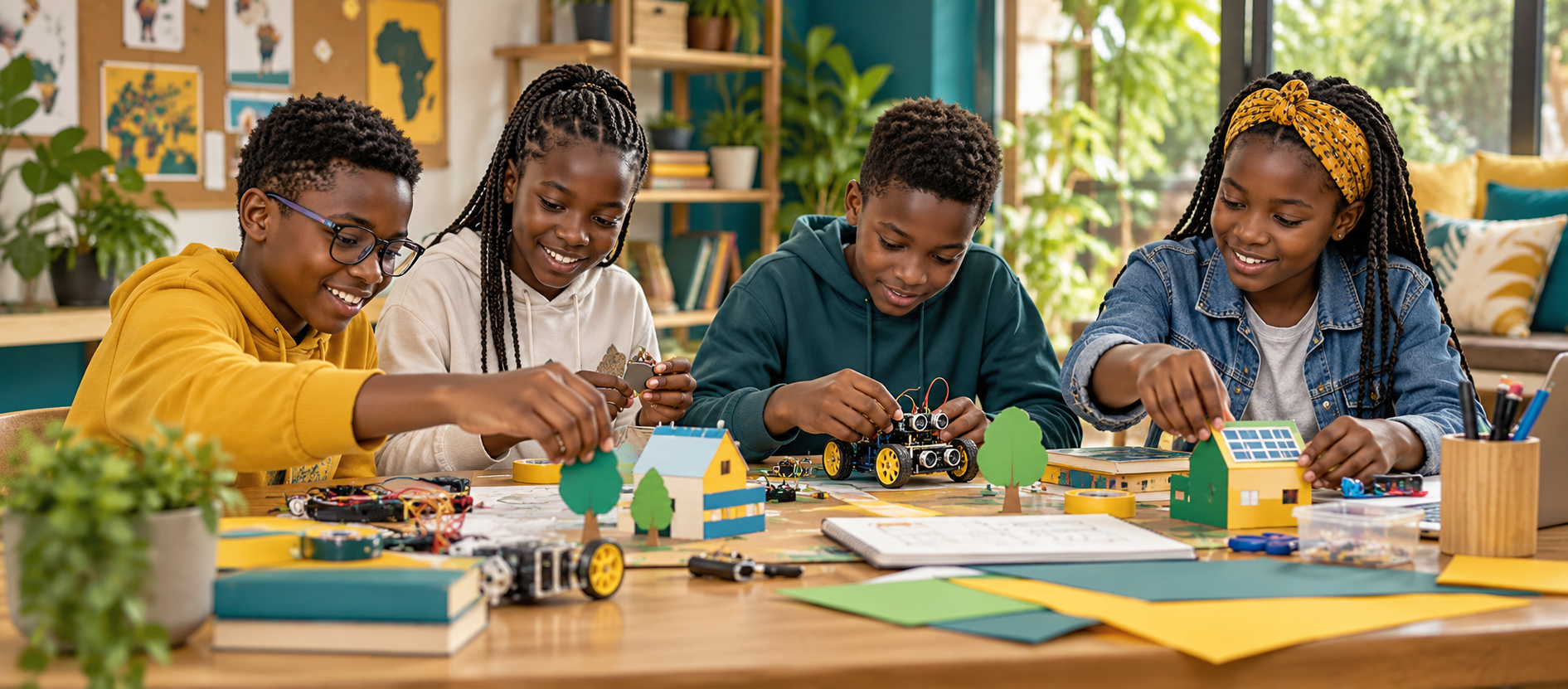 Four learners building model houses and electronic projects