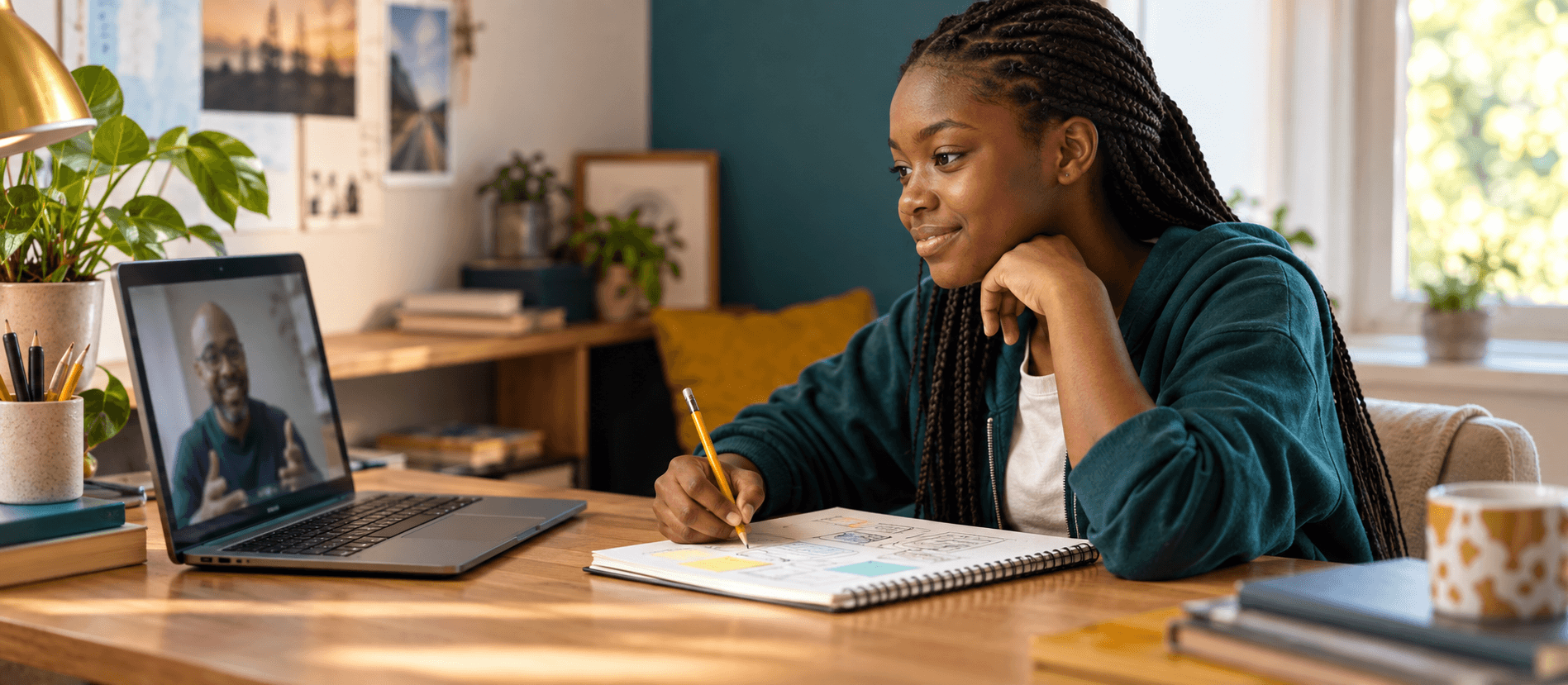 Learner receiving individual guidance from a tutor on a video call