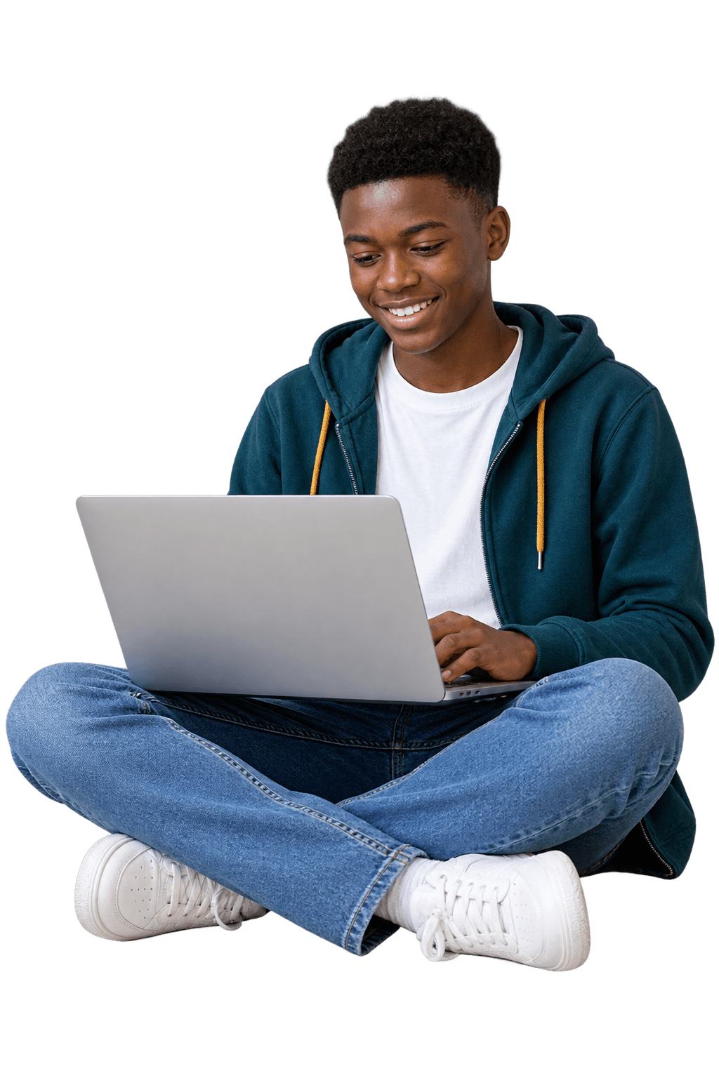 Learner sitting cross-legged with a laptop, ready for an online lesson