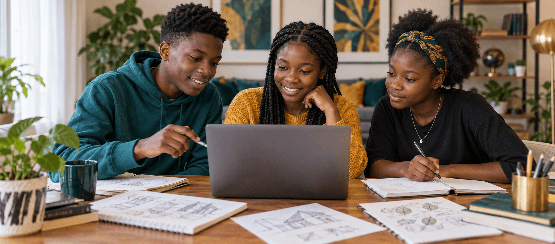 Three learners sharing a laptop and discussing project notes