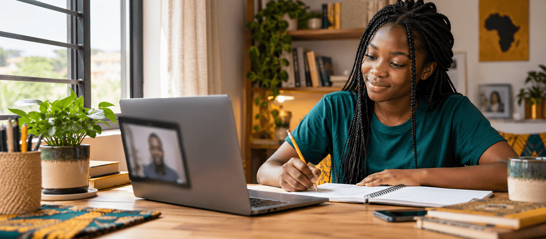 Learner taking notes during an online weekend lesson at home