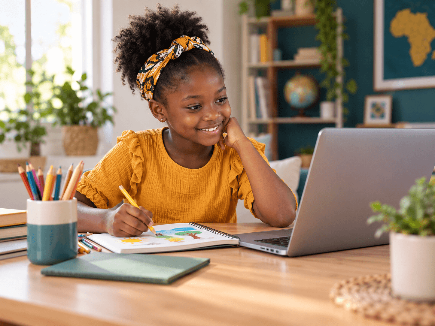 A young learner drawing in a notebook beside her laptop.