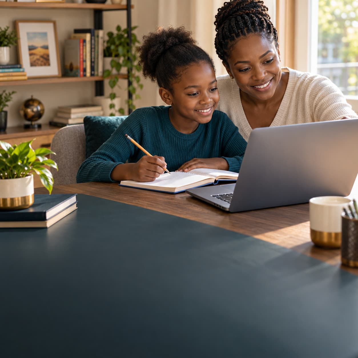 A parent guiding her child during an online learning session