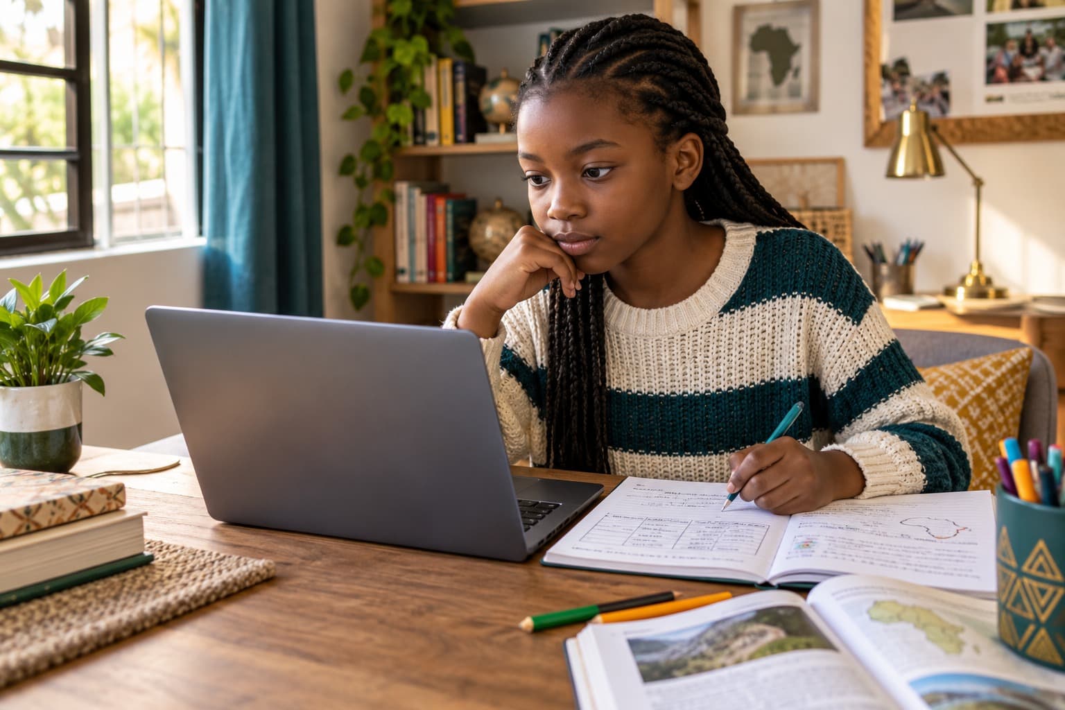 Learner studying with a laptop and taking notes in a workbook