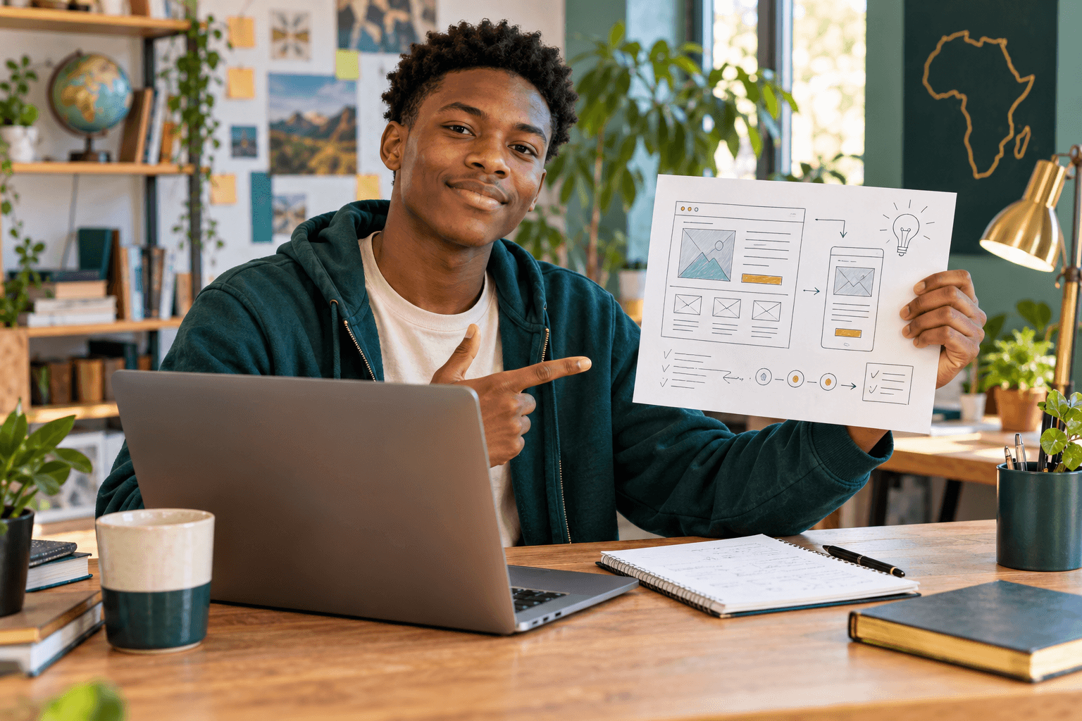 Teenager presenting a hand-drawn website design