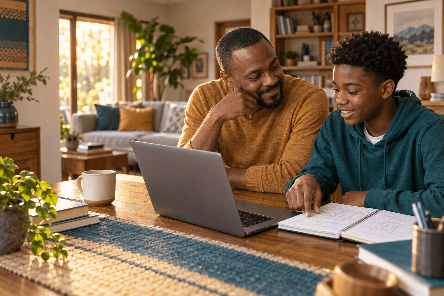 Parent and teenager reviewing a project together at home