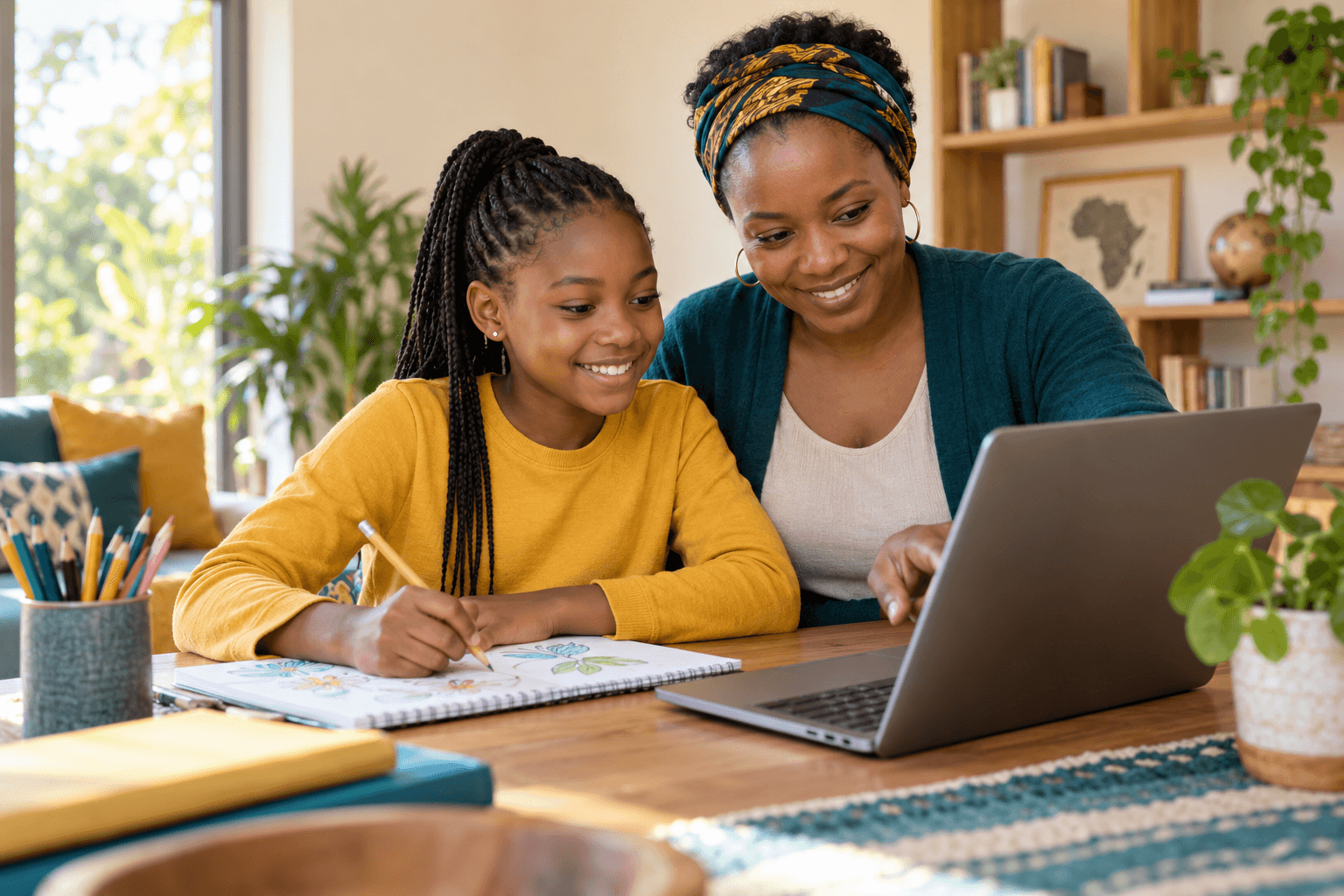 Parent and child learning together with a laptop and notebook