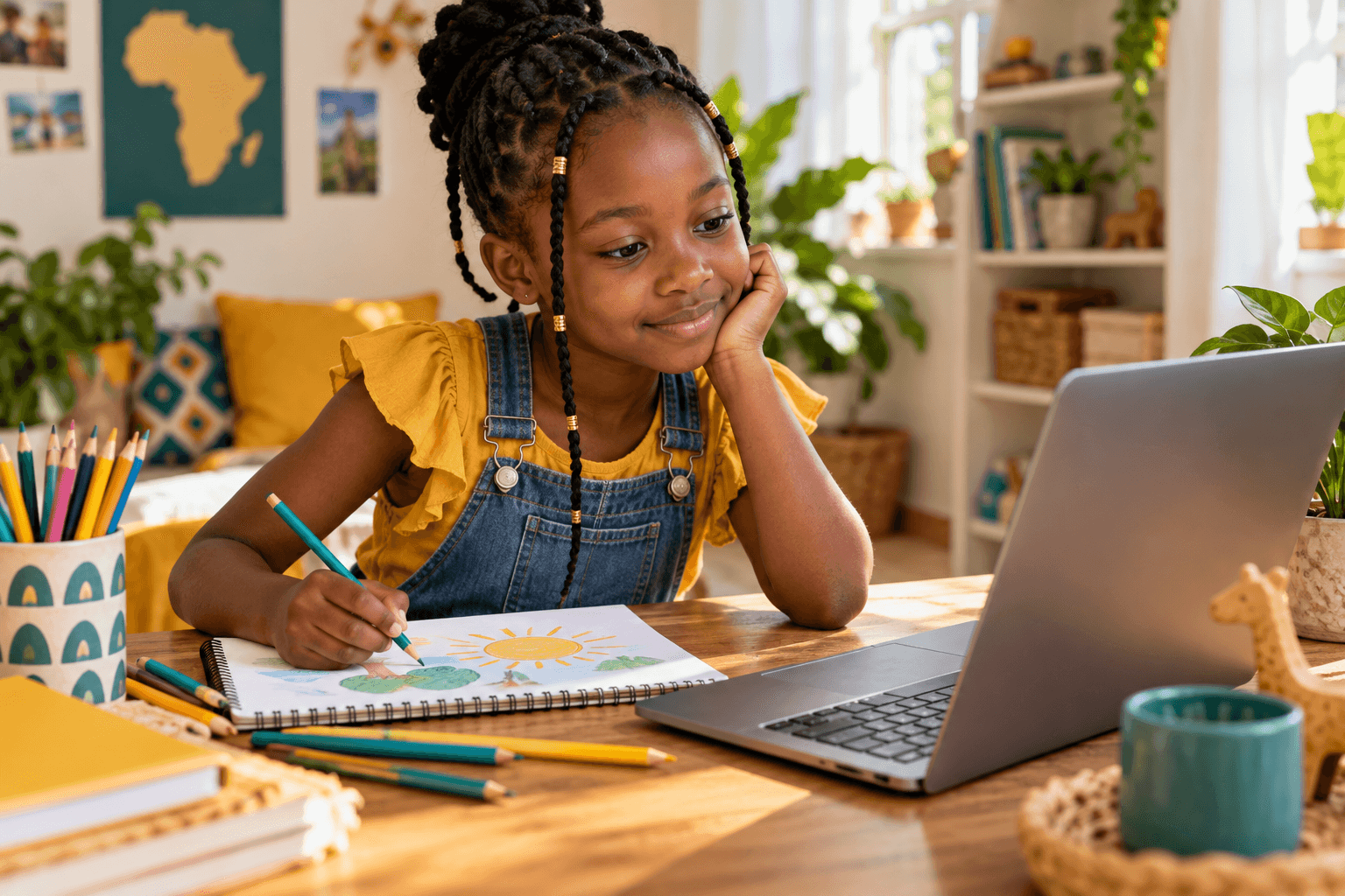 Young learner drawing in a notebook beside a laptop