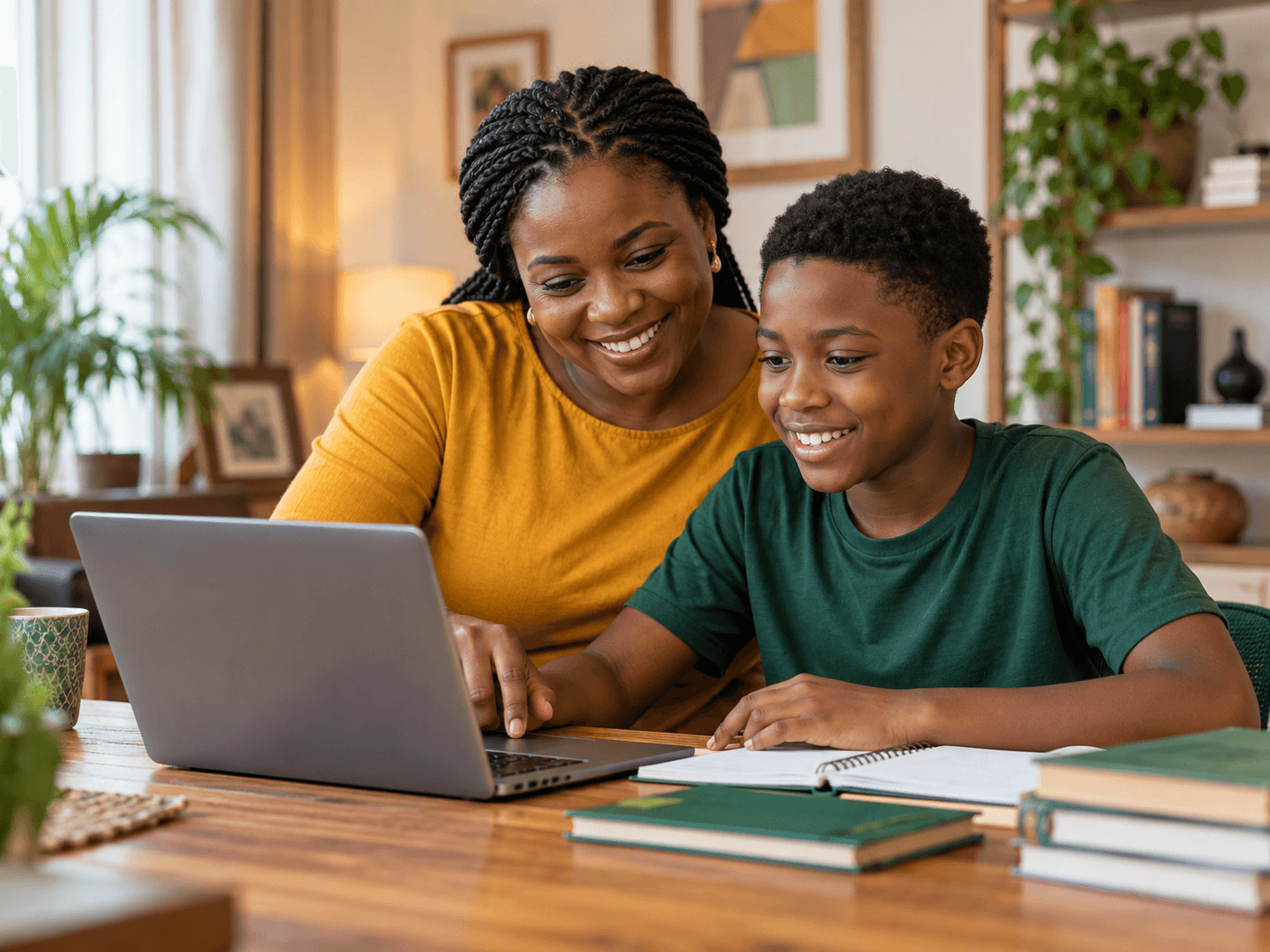A parent guiding a young learner using a laptop
