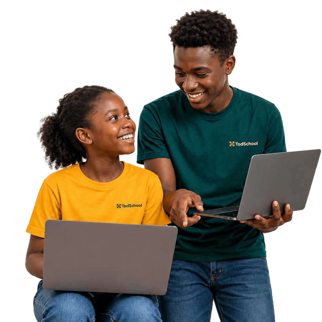 Two TodSchool learners in gold and green shirts working together with laptops